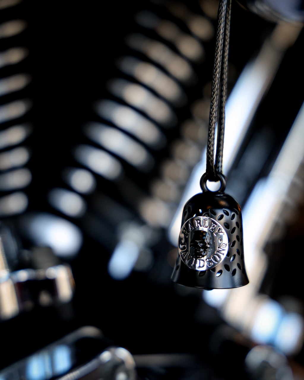 Harley-Davidson® Silver Skull Plate Script Logo Ride Bell With Tie, Black