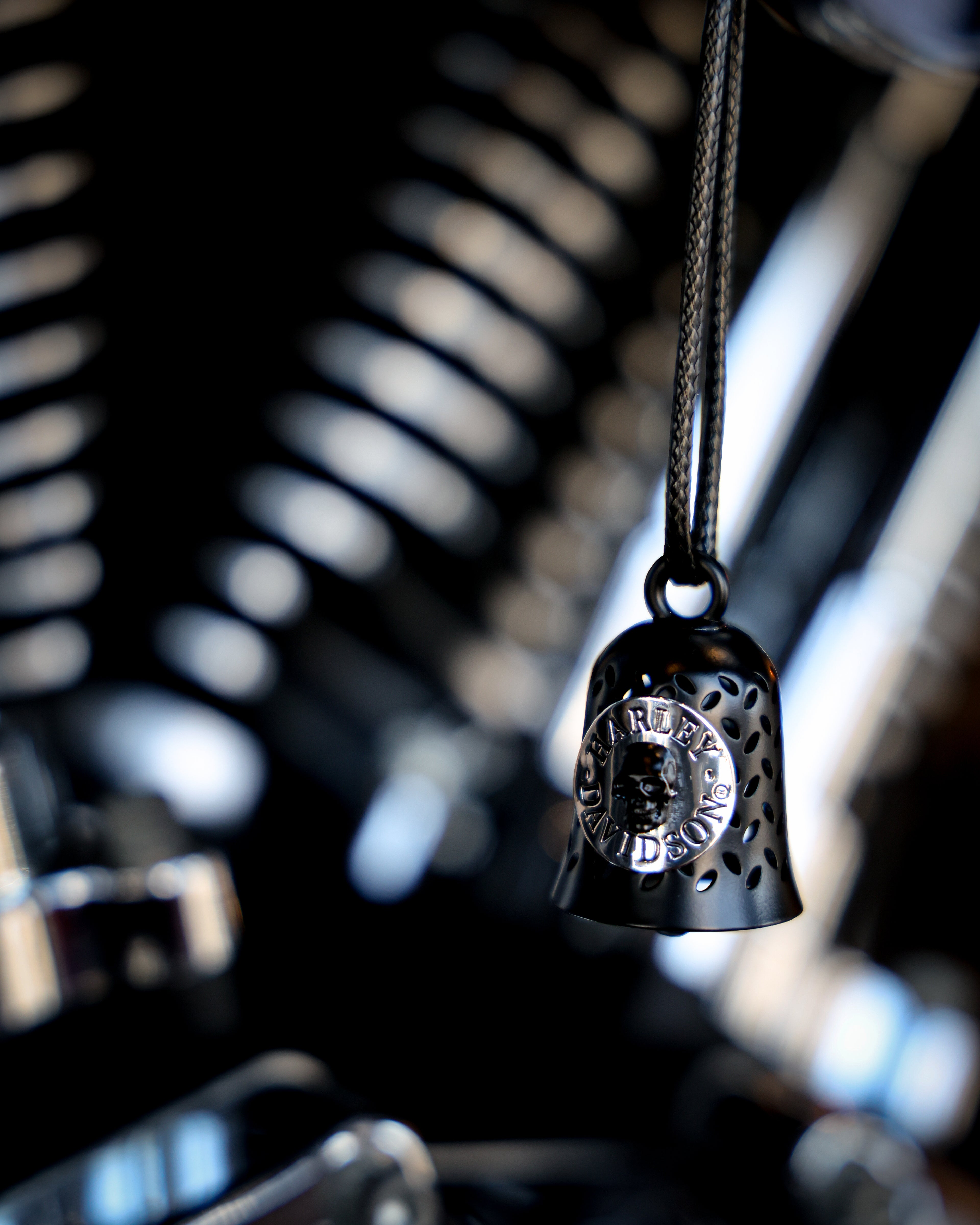 Harley-Davidson® Silver Skull Plate Script Logo Ride Bell With Tie, Black